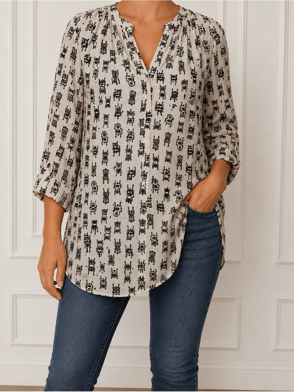 Allison Taylor Cream Blouse with Black Robot Print